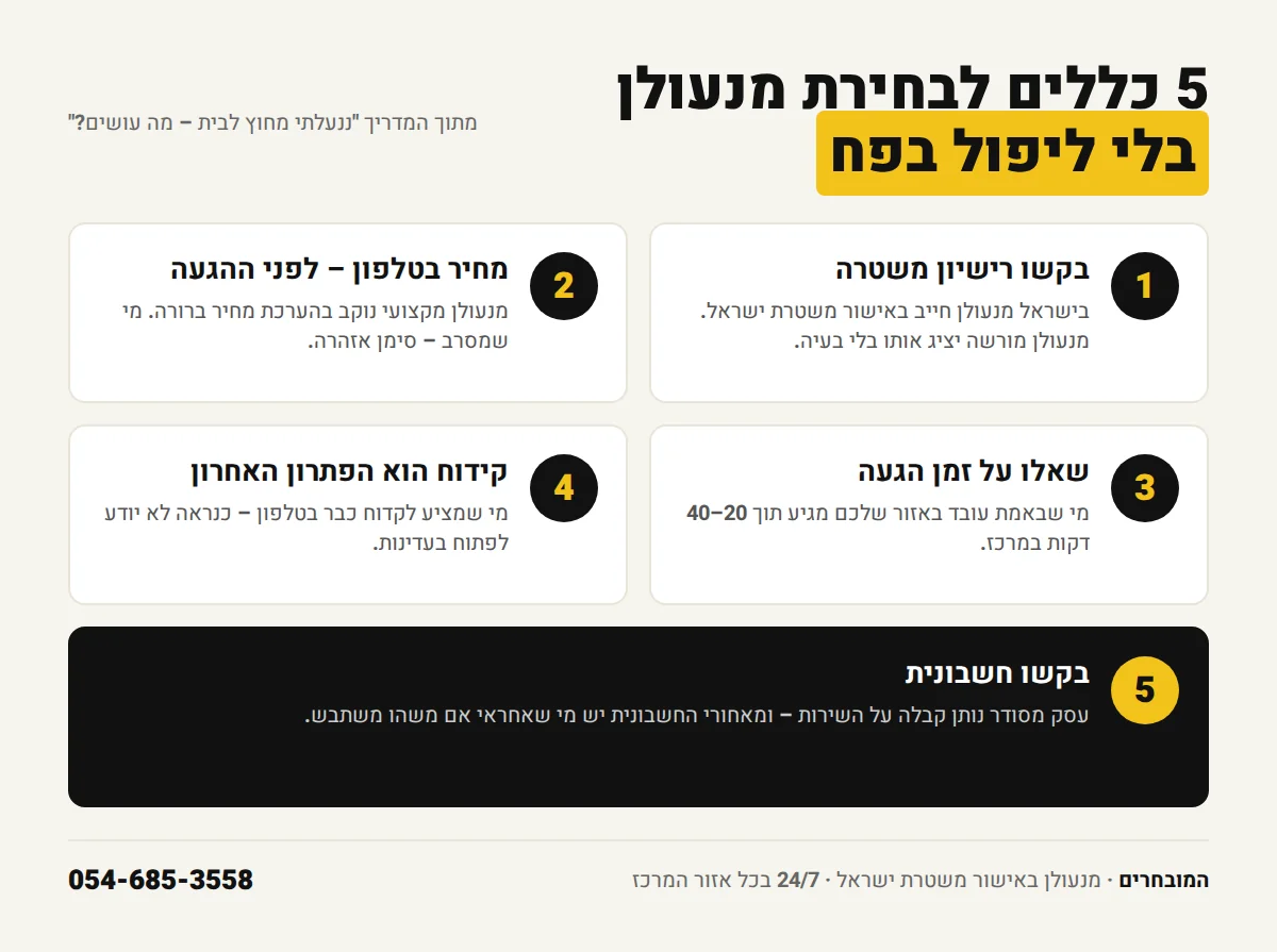 5 כללים לבחירת מנעולן בלי ליפול בפח – רישיון משטרה, מחיר בטלפון, זמן הגעה, קידוח רק כפתרון אחרון, חשבונית